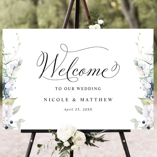 Chic Wedding Welcome Sign White Blue Floral (Creator Uploaded)