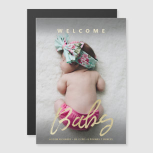 Chic Welcome Baby Gold Brush Script with Picture Magnetic Invitation