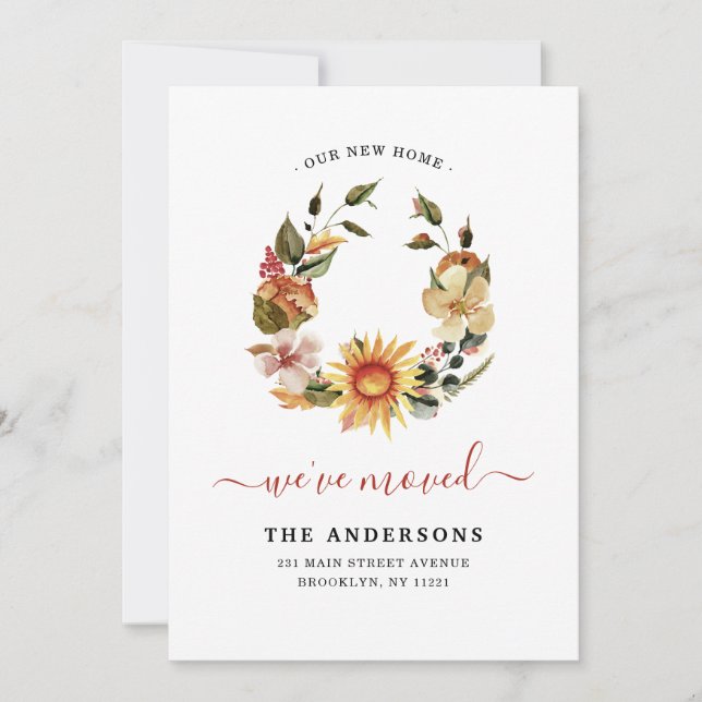Chic We've Moved Autumn Fall Floral Wreath Moving Announcement (Front)