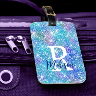 Chic whimsical blue faux glitter monogram luggage tag
