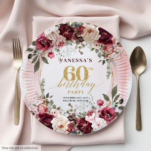 Chic Whimsical Boho Burgundy Eucalyptus Gold 60th Paper Plate
