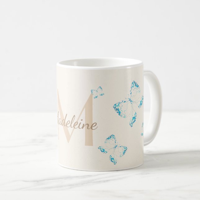 Chic Whimsical Elegant Blue Butterflies Monogram Coffee Mug (Front Right)