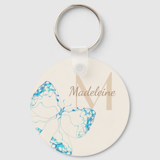 Chic Whimsical Elegant Blue Butterfly Monogram Key Ring (Front)