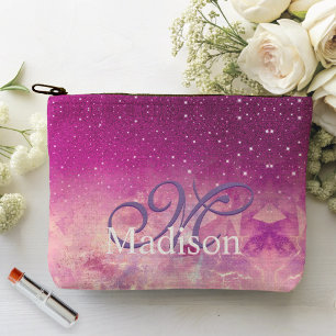 Chic whimsical pink fuchsia ombre glitter monogram accessory pouch