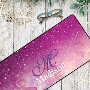 Chic whimsical pink fuchsia ombre glitter monogram desk mat