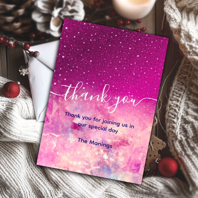 Chic whimsical pink ombre glitter thank you  card (Creator Uploaded)