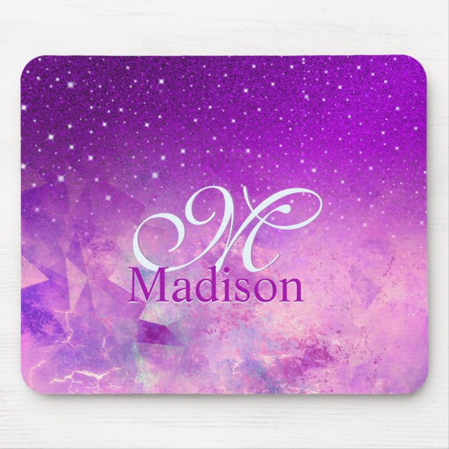 Chic whimsical pink purple ombre glitter monogram mouse mat (Front)