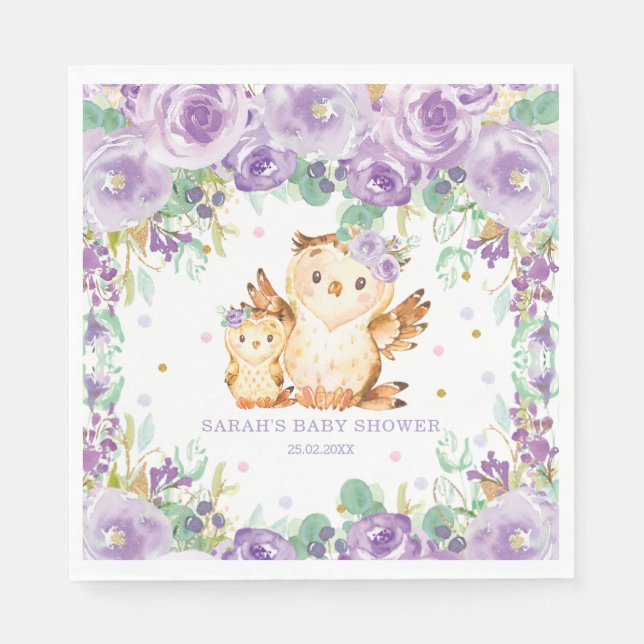 Chic Whimsical Purple Floral Owl Baby Shower Napkin (Front)