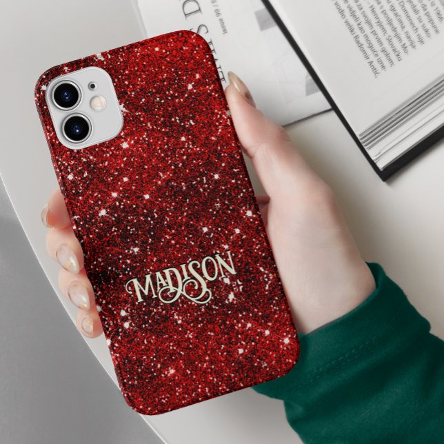 Chic whimsical red black glitter monogram  Case-Mate iPhone case (Creator Uploaded)