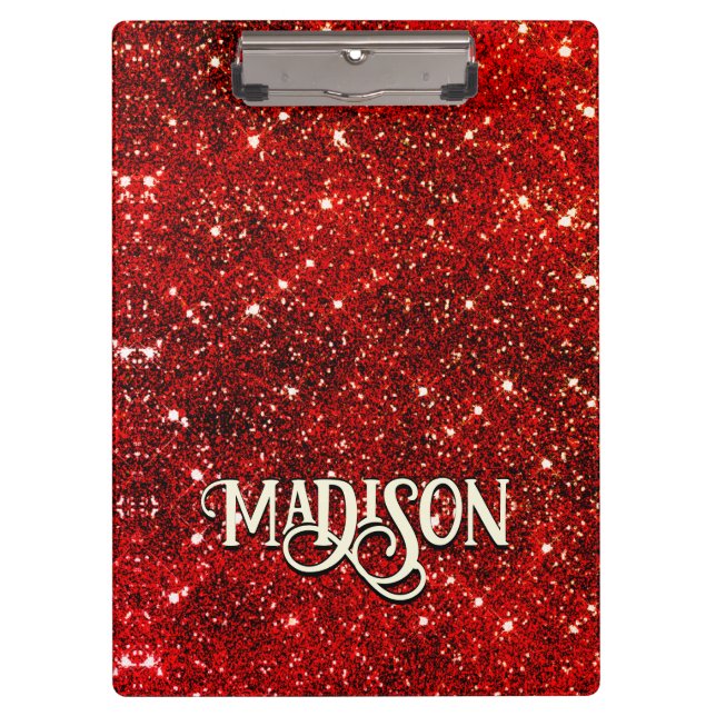 Chic whimsical red black glitter monogram  clipboard (Front)