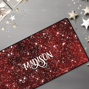 Chic whimsical red black glitter monogram desk mat