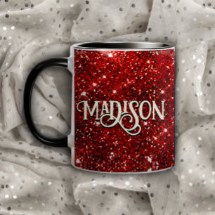 Chic whimsical red black glitter monogram  mug
