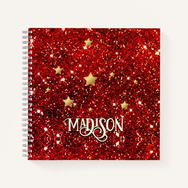 Chic whimsical red black glitter monogram  notebook (Front)