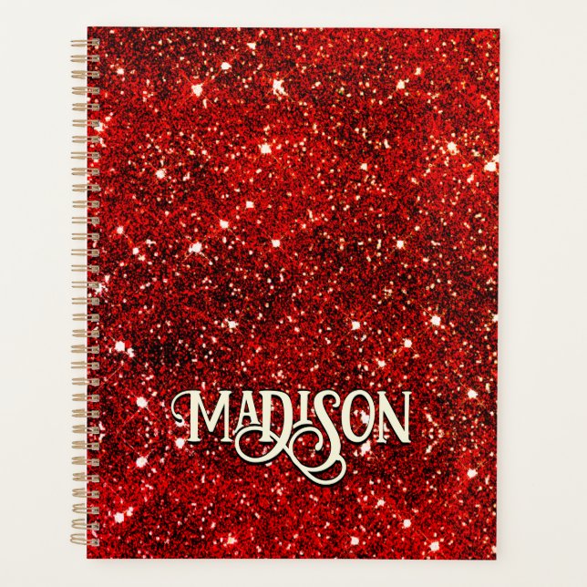 Chic whimsical red black glitter monogram  planner (Front)