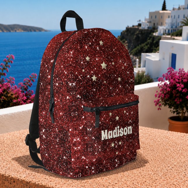Chic whimsical red black glitter monogram  printed backpack (Creator Uploaded)