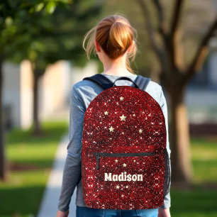 Chic whimsical red black glitter monogram printed backpack