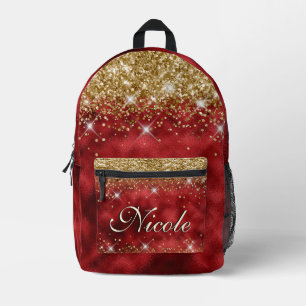 Chic Whimsical Red Black Gold Glitter Monogram Printed Backpack