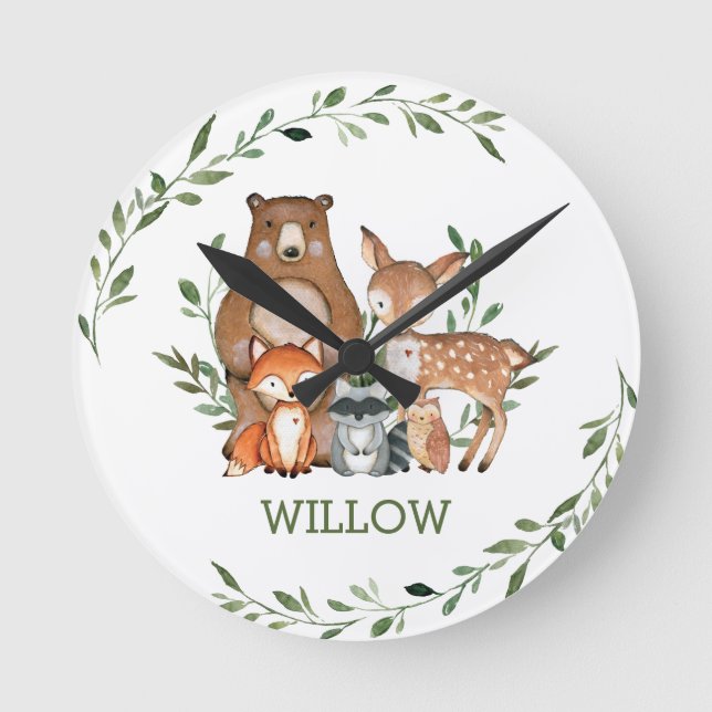 Chic Whimsical Woodland Animals Bear Deer Fox Owl Round Clock (Front)