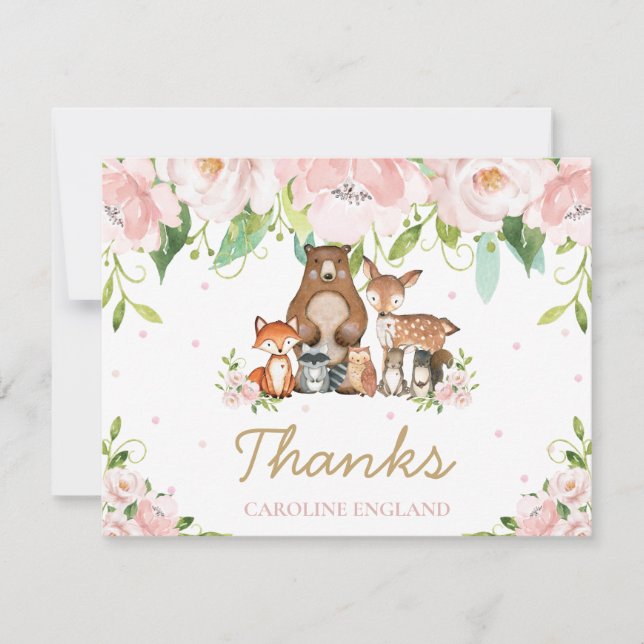 Chic Whimsical Woodland Animals Blush Pink Floral Card (Front)
