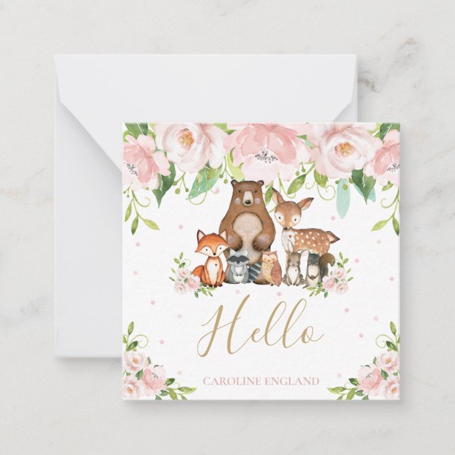Chic Whimsical Woodland Animals Blush Pink Floral Card (Front)