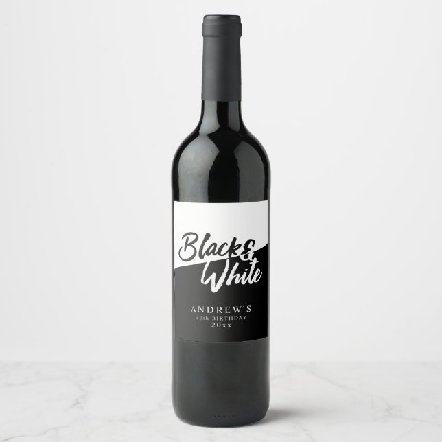 Chic White and Black Theme Party Wine Label (Front)