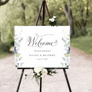 Chic White and Blue Floral Welcome Wedding Sign