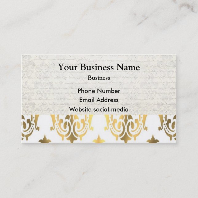 Chic white and gold damask business card (Front)