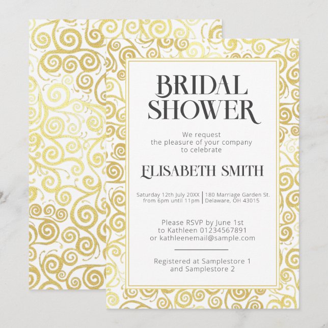  Chic White And Gold Flourish Winter Bridal Shower Invitation (Front/Back)