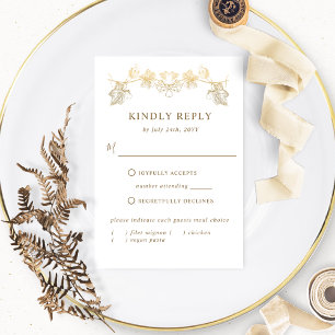 Chic White and Gold Gilded Leaves, RSVP with Meals Card