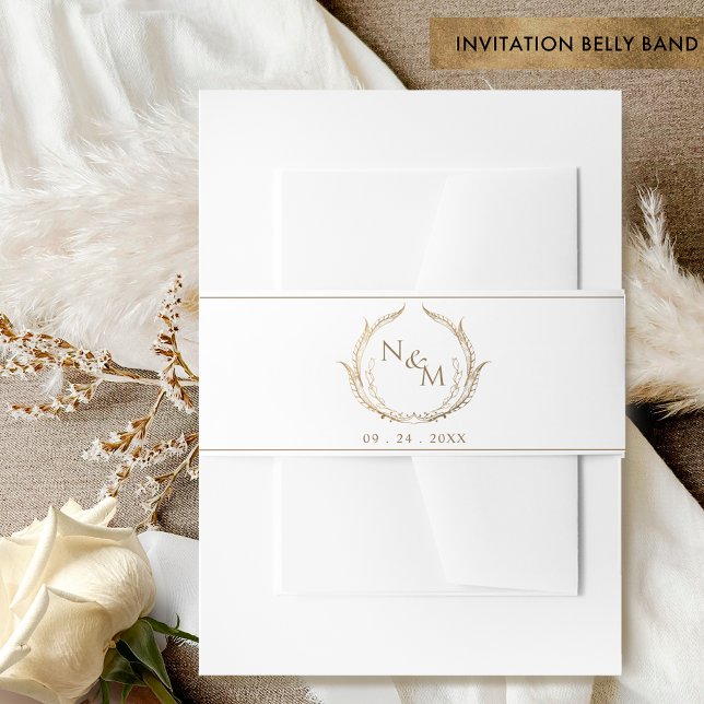 Chic White and Gold Monogram Crest Wedding Invitation Belly Band (Creator Uploaded)