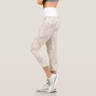 Chic White and Gold Strings Dots Confetti Sports Capri Leggings