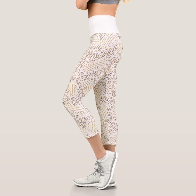 Chic White and Gold Strings Dots Confetti Sports Capri Leggings (Left)