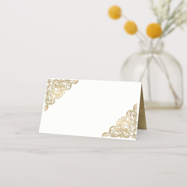 Chic White and Gold Wedding Folded Place Card (Front)