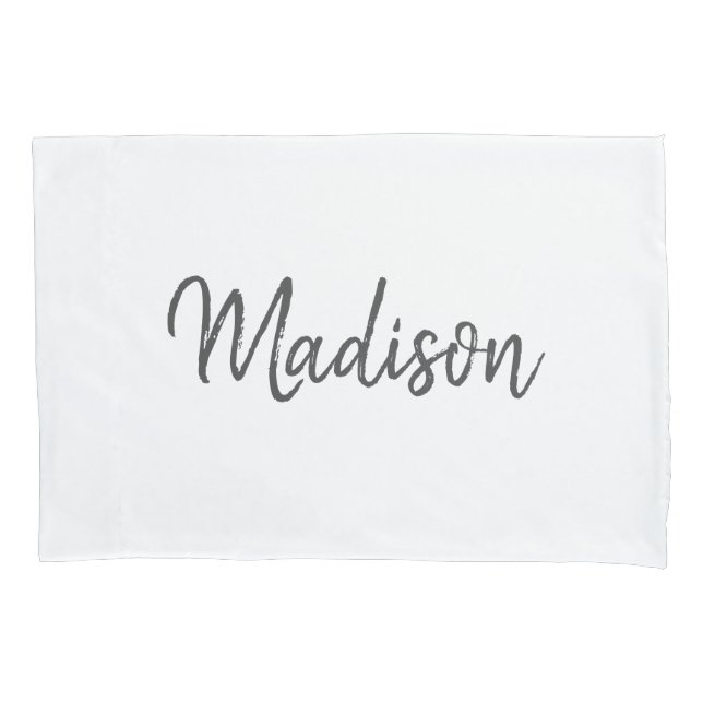 Chic White and Grey Brushed Script Monogram Name Pillowcase (Front)