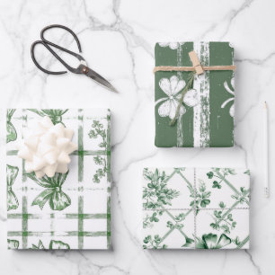 Chic White and Sage St. Patrick’s Bow set of 3 Wrapping Paper Sheet