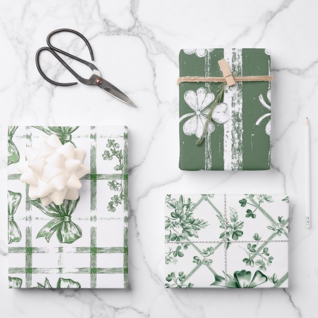 Chic White and Sage St. Patrick’s Bow set of 3 Wrapping Paper Sheet (Front)