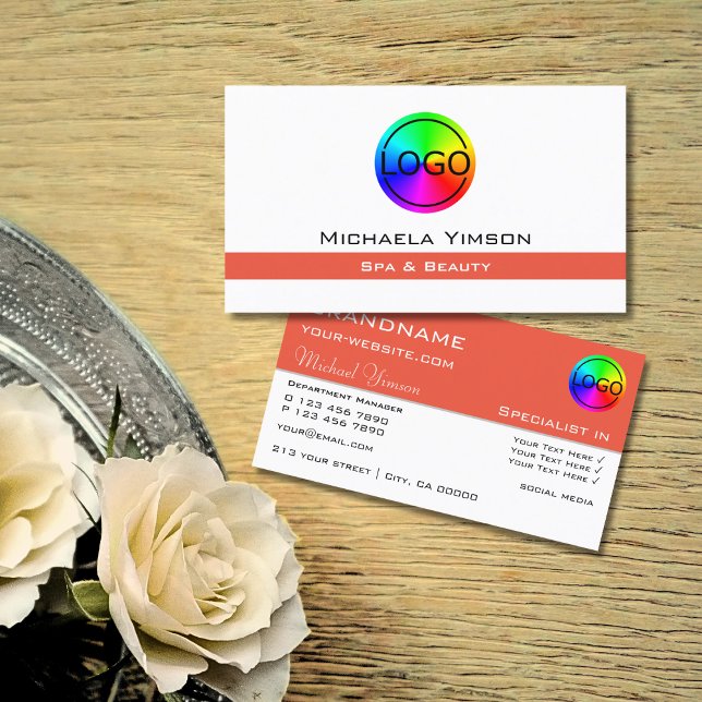 Chic White and Salmon with Logo Professional Business Card (Creator Uploaded)