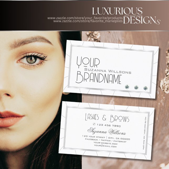 Chic White and Silver Frame with Diamonds Modern Business Card (Creator Uploaded)