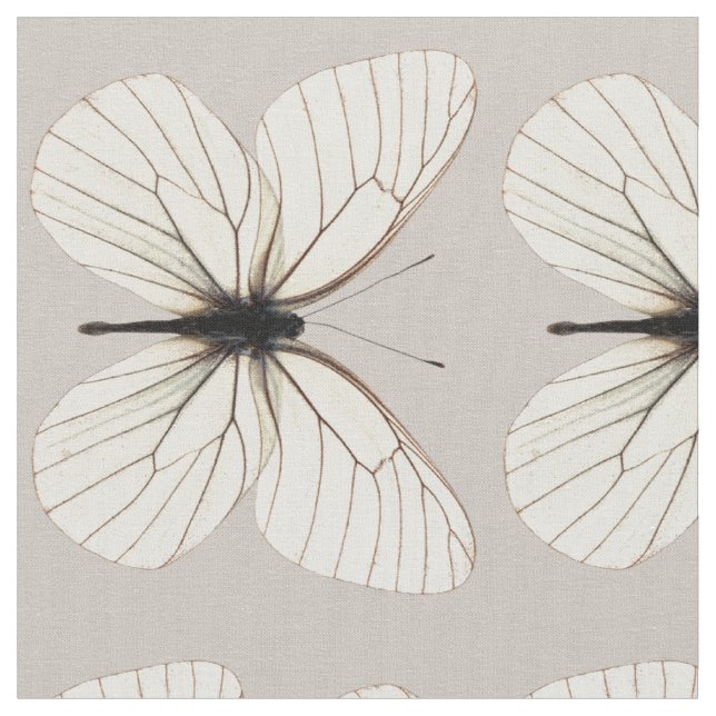 Chic White and Tan Butterfly Pattern Fabric (Close Up)