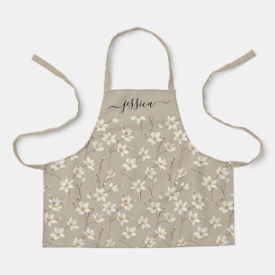 Chic white beige floral script name apron