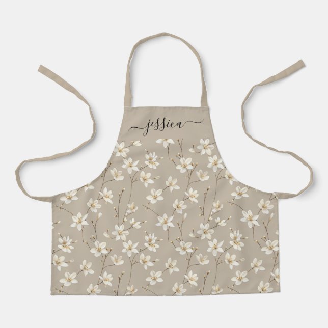 Chic white beige floral script name apron (Front)
