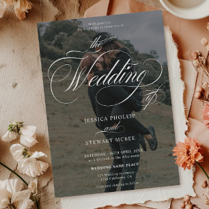 Chic white black 2 photos calligraphy wedding invitation