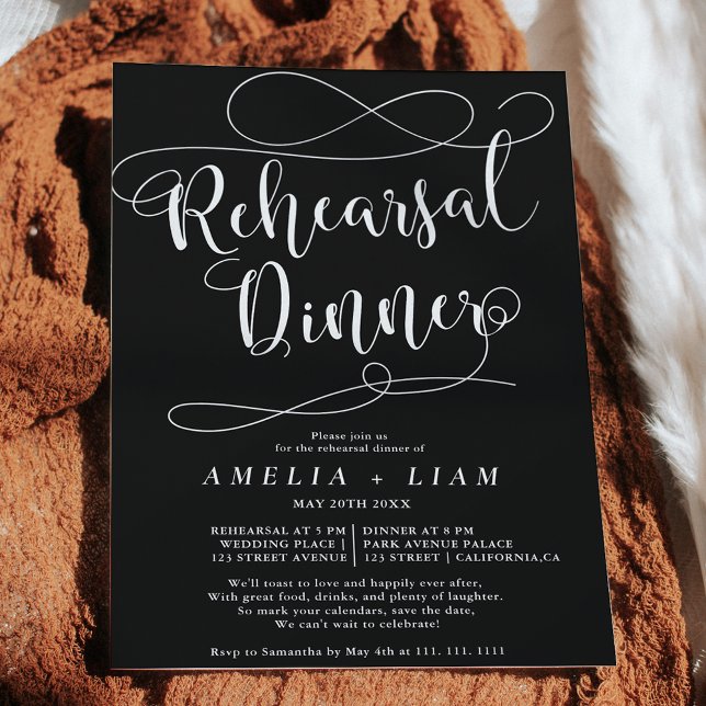 Chic white black calligraphy rehearsal dinner invitation (Creator Uploaded)
