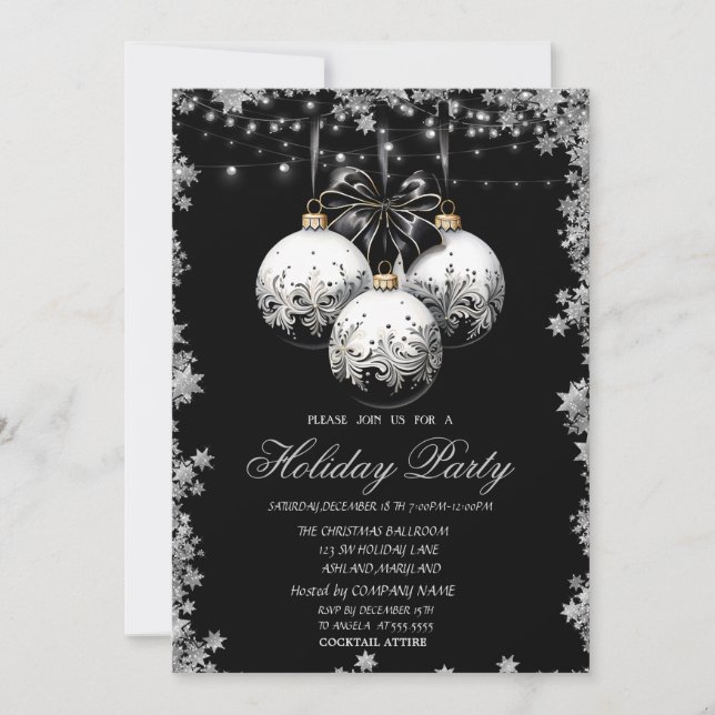 Chic White Black Christmas Balls Stars Holiday Invitation (Front)