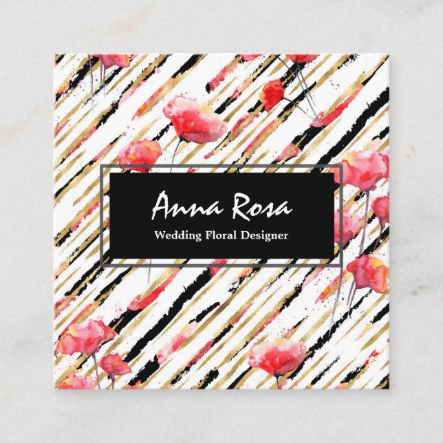 *~* Chic White Black Floral Red Poppy Glitter Foil Square Business Card (Front)