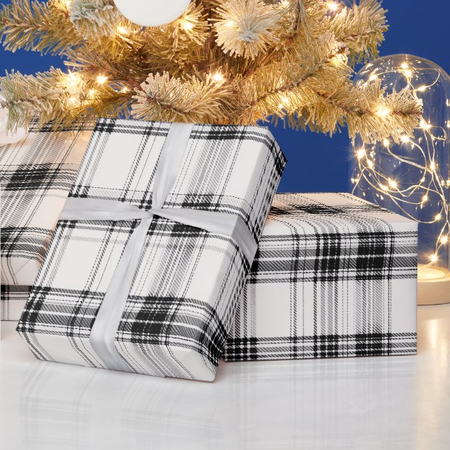 Chic White Black Monochrome Ivory Plaid Pattern Wrapping Paper (Holidays)