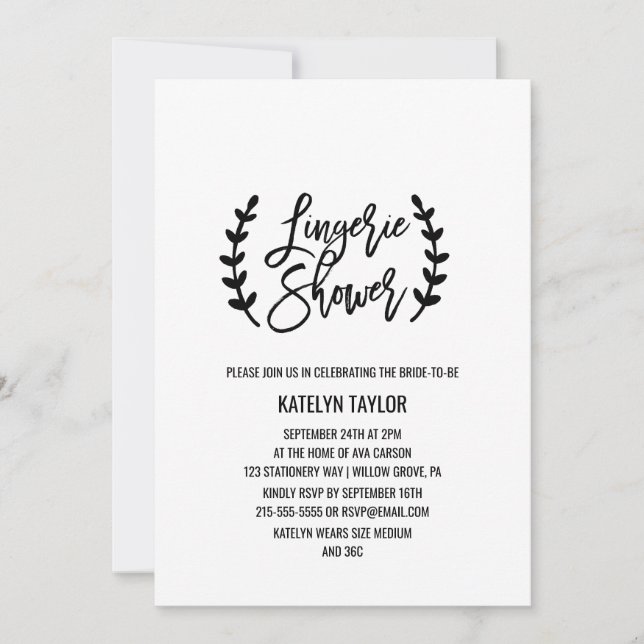 Chic White Black Olive Branches Lingerie Shower Invitation (Front)