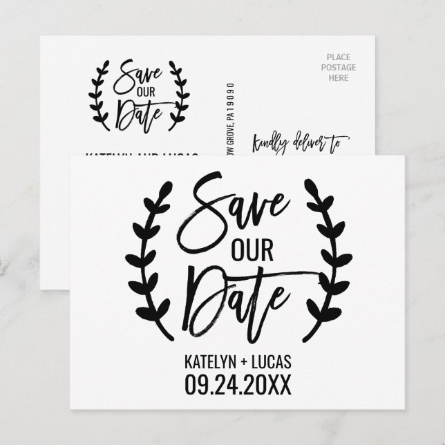 Chic White Black Olive Branches Save our Date Announcement Postcard (Front/Back)