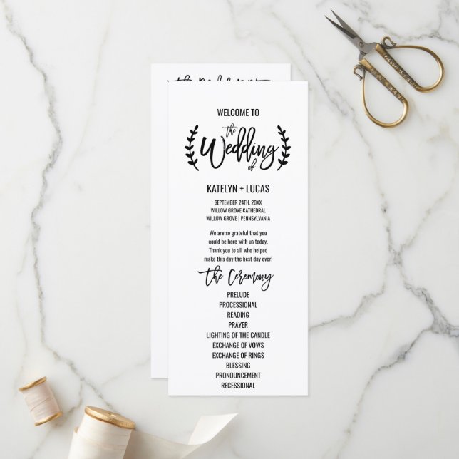 Chic White Black Olive Branches Wedding Program Programme (Front/Back In Situ)
