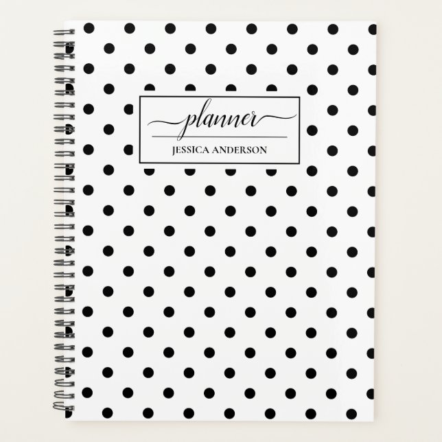 Chic White Black Polka Dots Pattern Planner (Front)